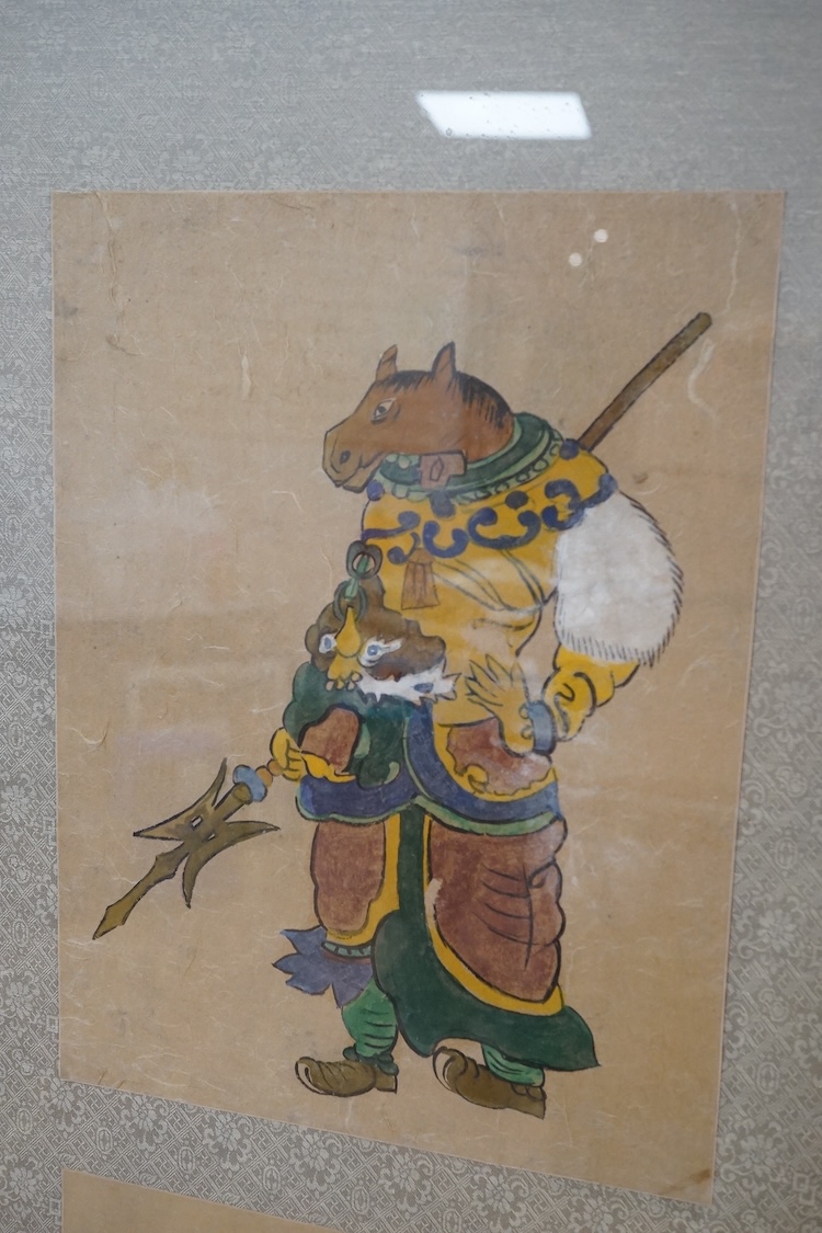 Chinese School, set of twelve watercolours, Signs of the Zodiac, mounted and framed as two, overall 139 x 71cm. Condition - fair